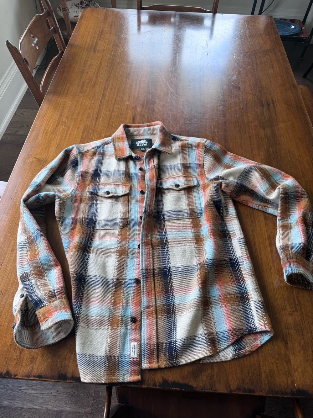 Roots Plaid Button-Down Shirt Jacket in Cream, Blue & Orange